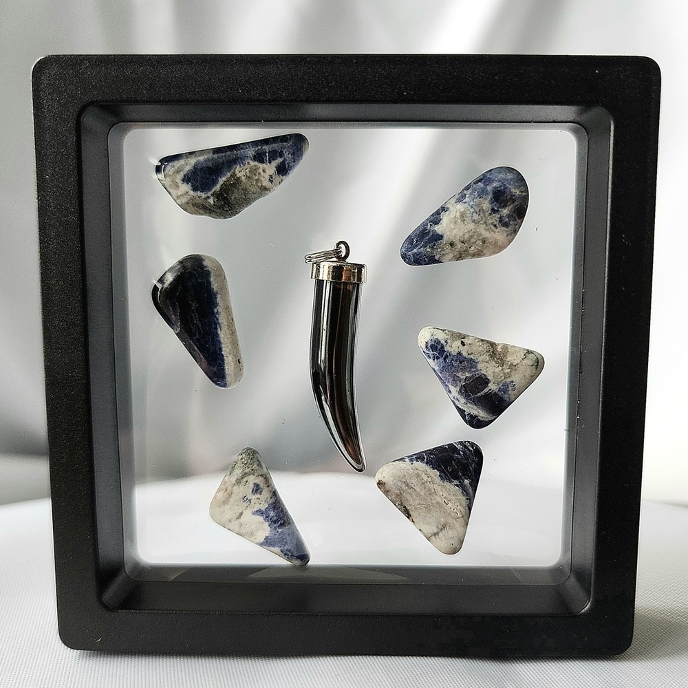 Hematite Horn Pendant with‎ Sodalite Gemstone Polished Tumbled Jewelry Lot